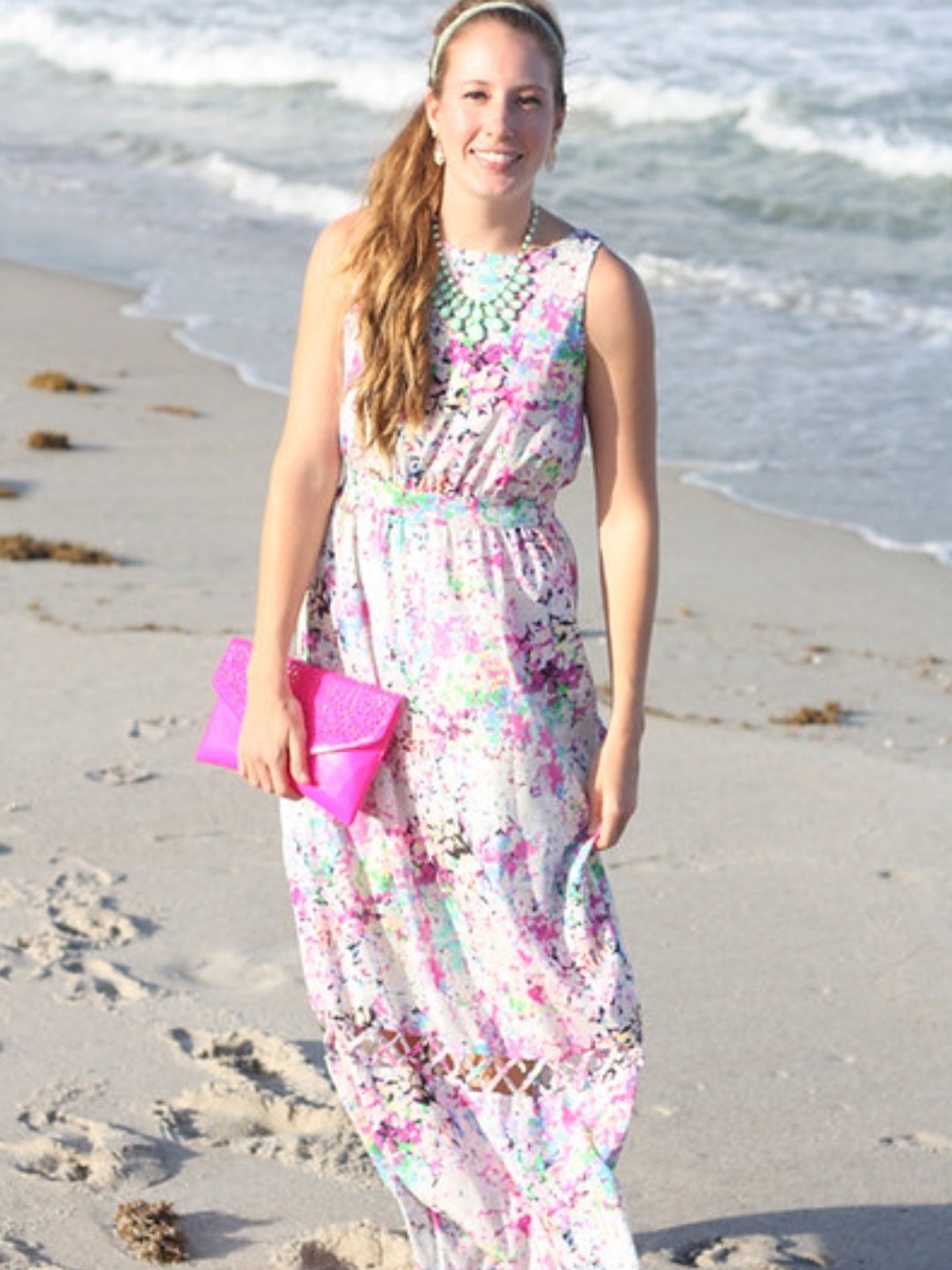 Gianni Bini Floral Watercolor Maxi Dress in White, Pink, Mint